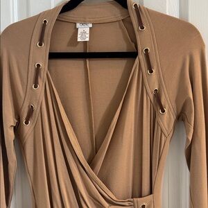 Caché Vintage Tan Dress w/ Wrap at Bust & Faux Leather Laces Down Side